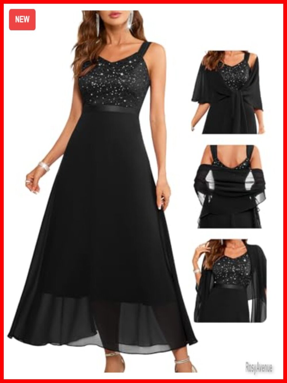 Sequin Lace Formal Cocktail Evening Maxi Dress with Chiffon Shawl